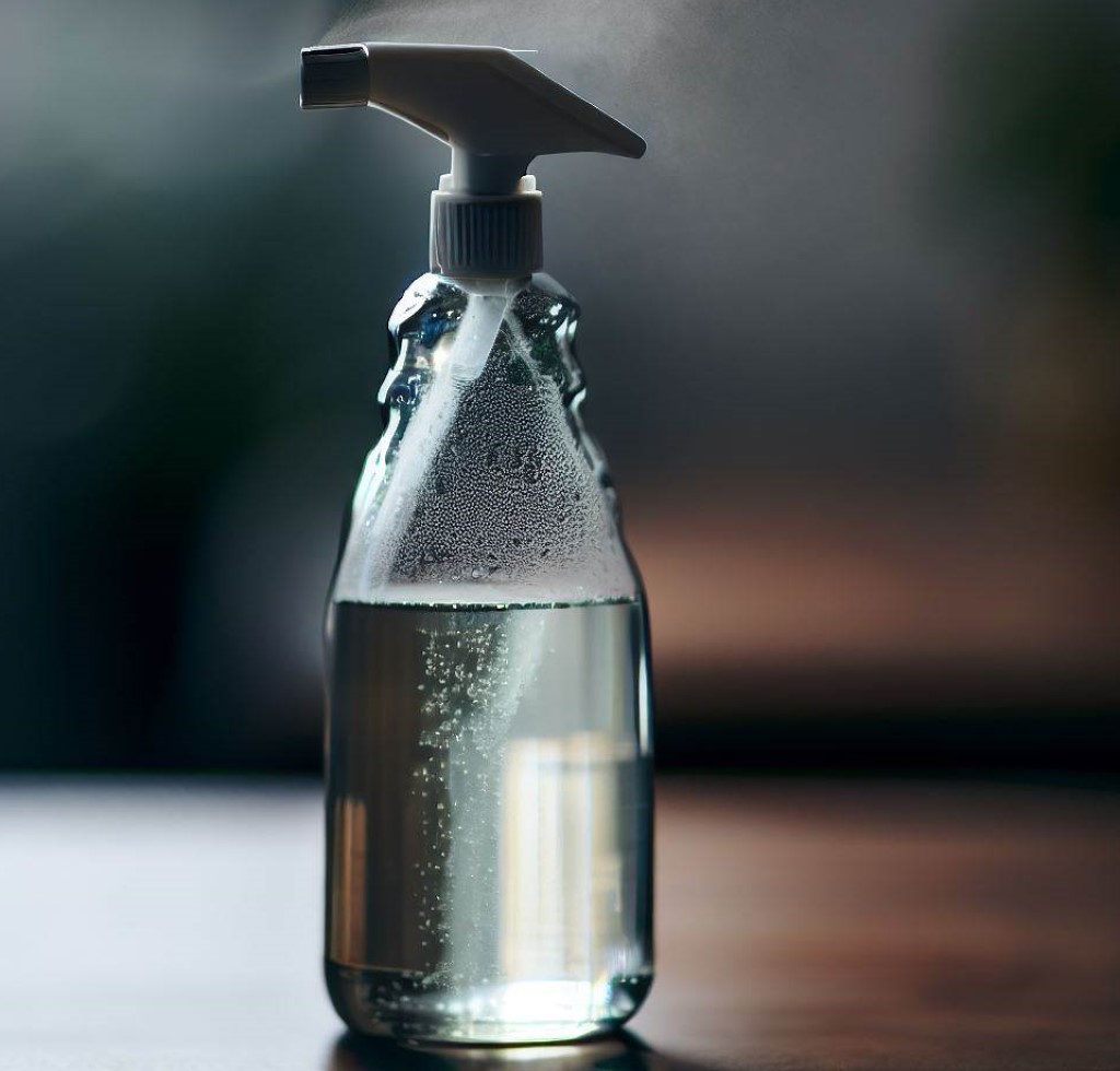 Botella de spray llena de una mezcla de vinagre y agua, lista para refrescar cualquier espacio