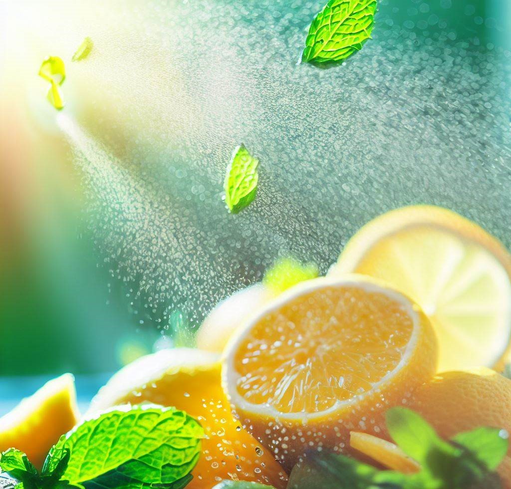Rodajas de limón, ramitas de menta y un toque de sol evocan una atmósfera revitalizante y vigorizante