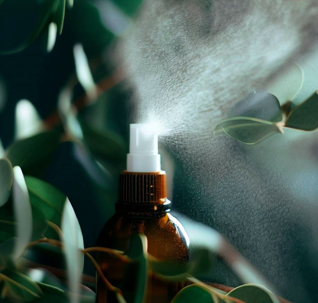 Spray que dispersa una neblina de ambientador con aroma a eucalipto tonificante