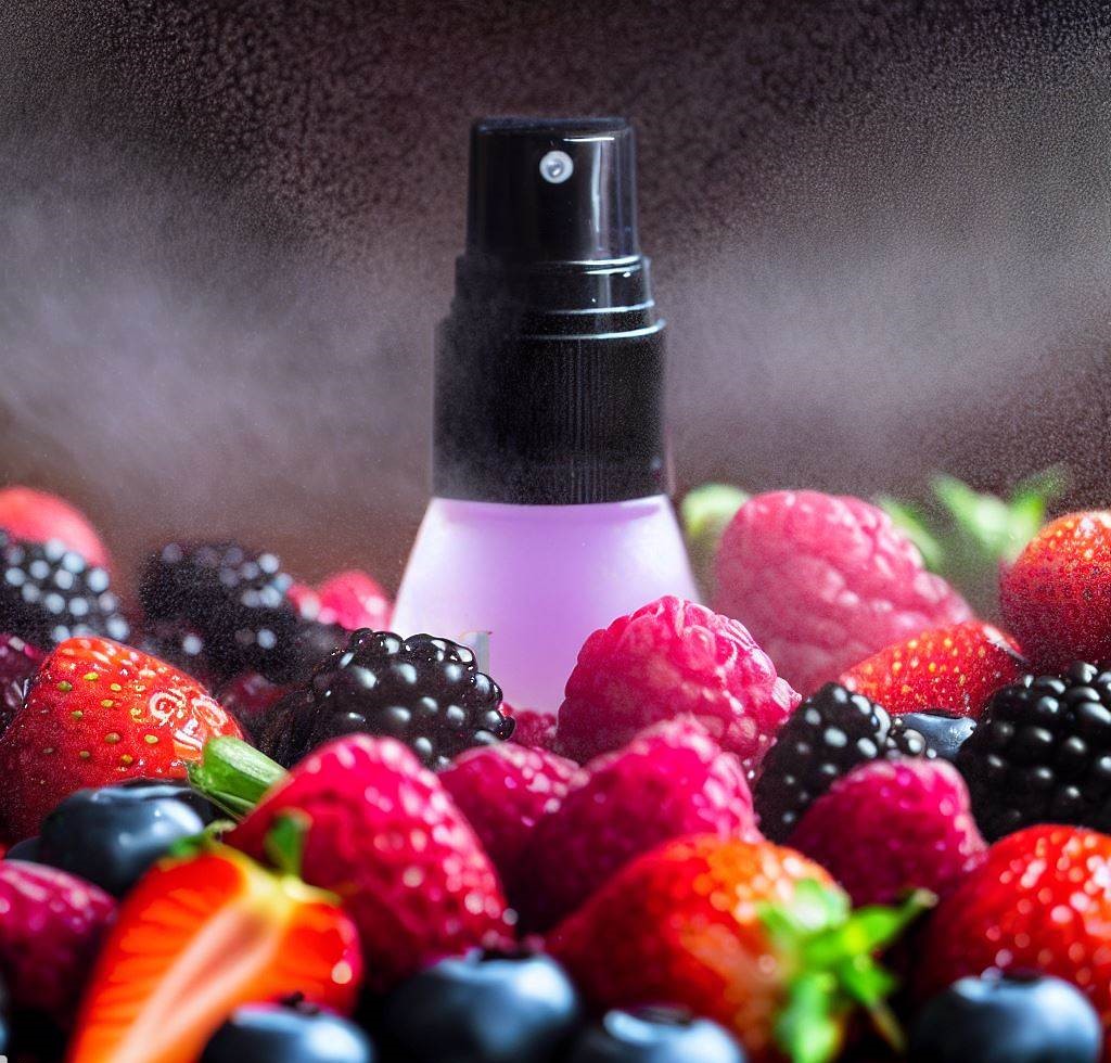 Spray que dispersa una niebla de una deliciosa mezcla de ambientador con aroma a jugosas fresas, arándanos, frambuesas y moras