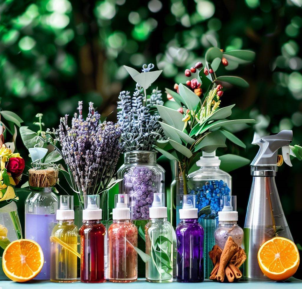 Varias botellas de spray y frascos decorativos, cada uno representando un aroma diferente