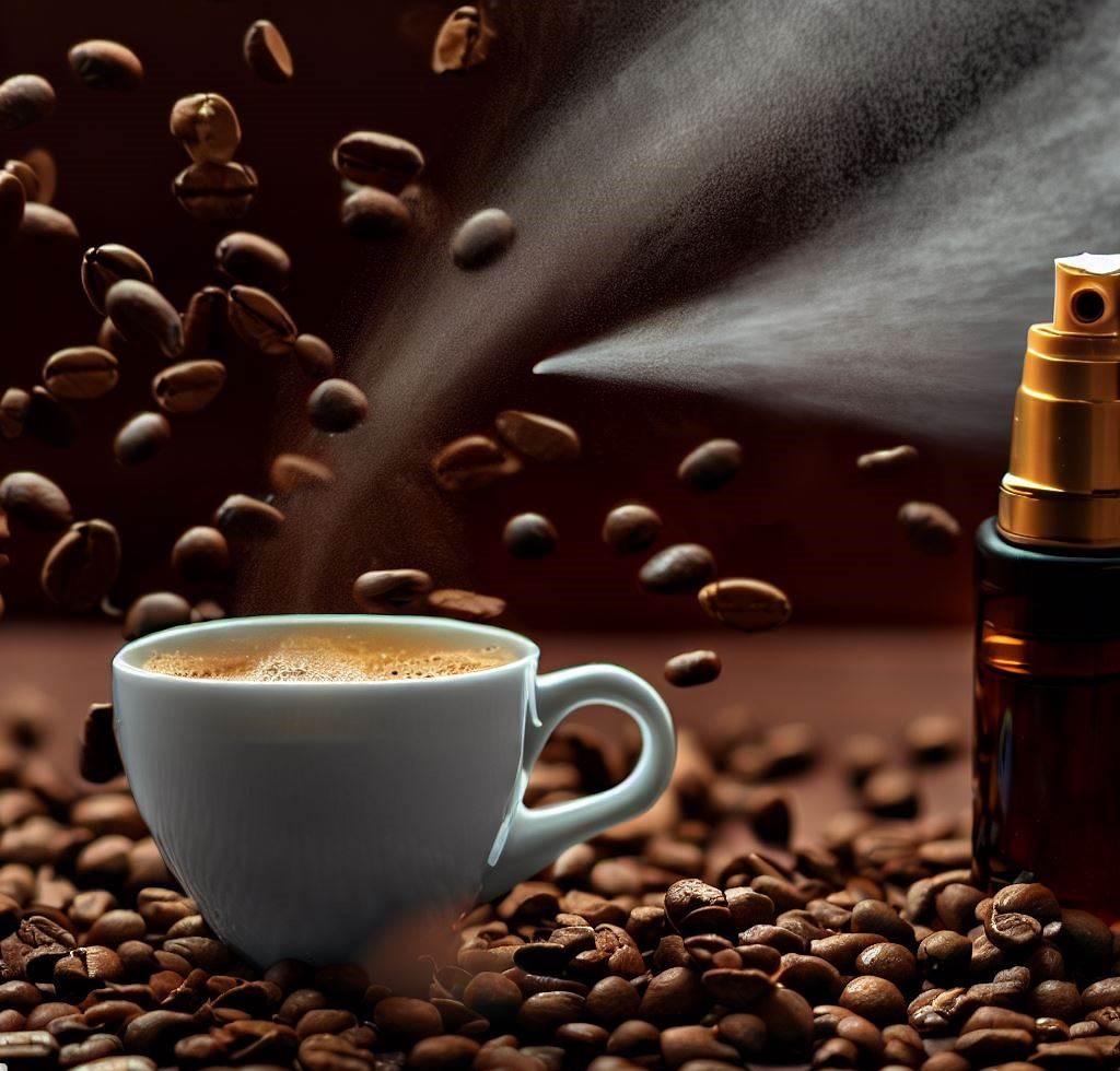 Botella de spray que libera una niebla de un rico ambientador con aroma a café