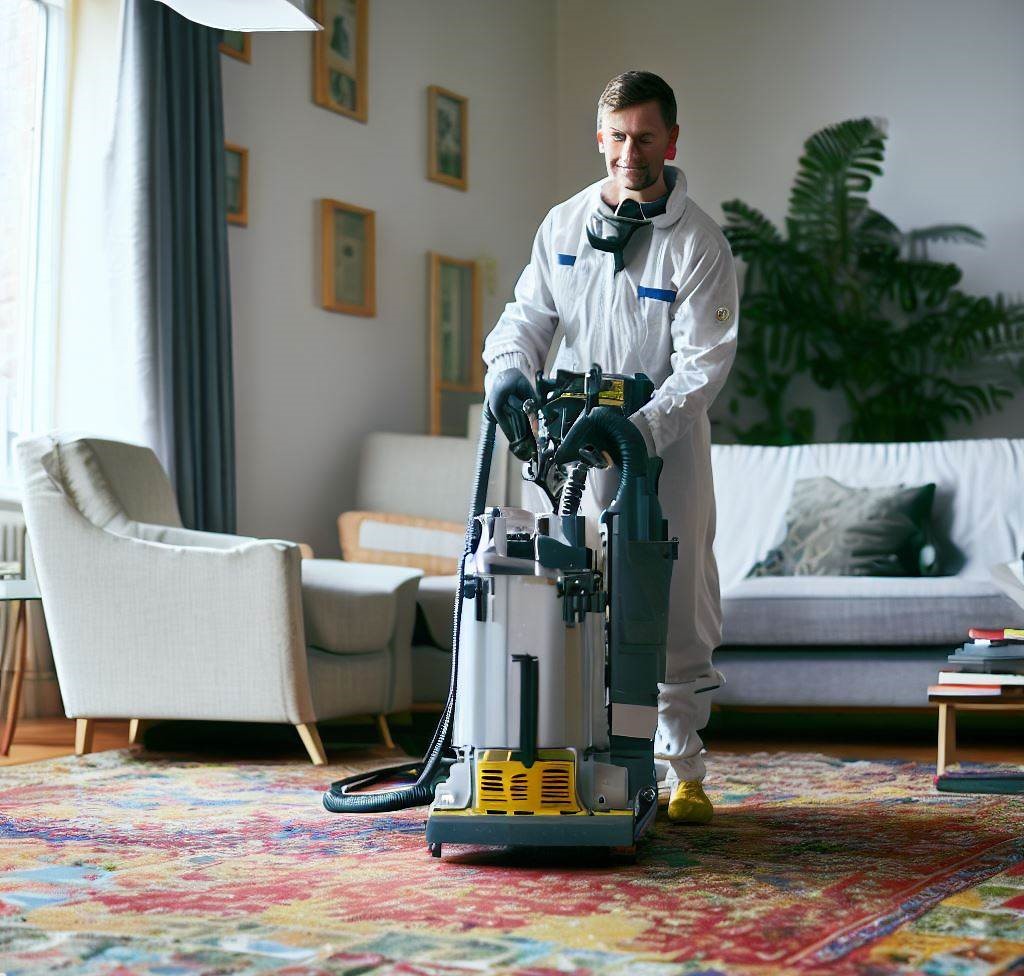  un técnico que utiliza equipo especializado y soluciones de limpieza ecológicas para eliminar manchas, gérmenes y alérgenos de la alfombra