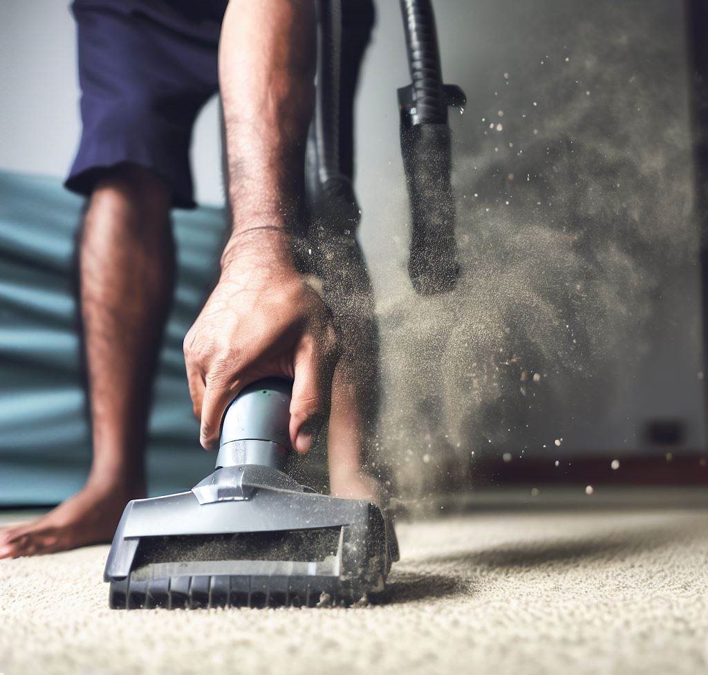 Un hombre con una aspiradora limpia la alfombra